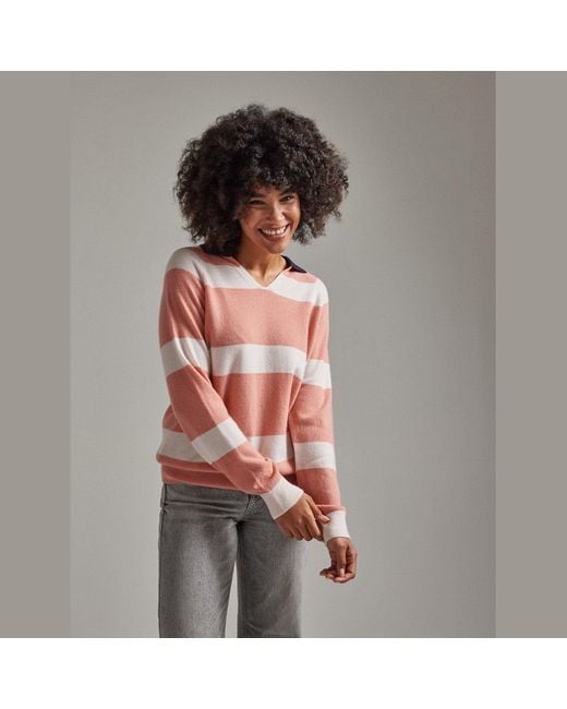 Salts Pink Split Neck Polo Stripe Sweater