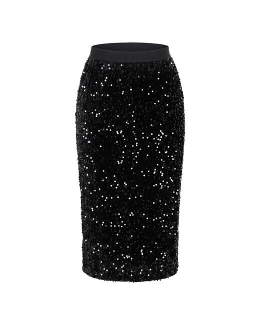 Modenaire Black Sequin Midi Skirt With High Waist And Slim Pencil Silhouette