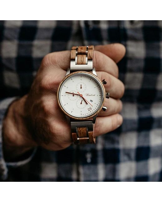 Waidzeit Metallic Chronograph Barista Bianco Watch With Wooden Strap for men