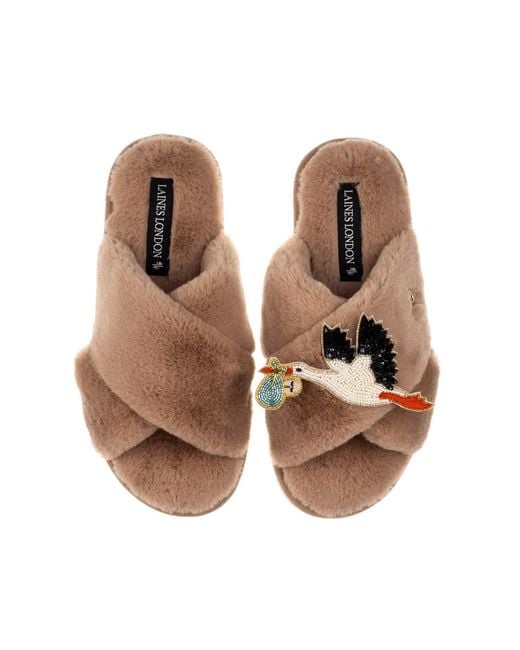 Laines London Brown Neutrals Toffee Classic Laines Slippers With Baby Boy Stork Brooch