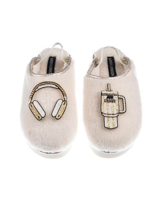 Laines London Metallic Neutrals Flatform Cloud Closed Toe Slippers With Headphones & Quencher Brooches
