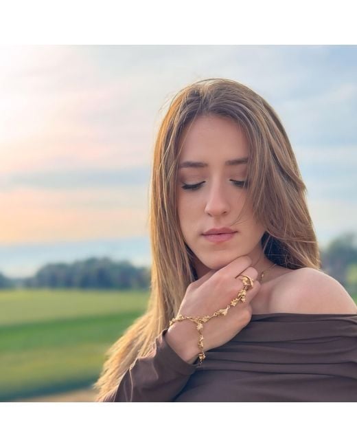 Unaloe Metallic Sterling Vermeil Hand Chain Ring Bracelet – Elegant Jewelry With Leaf Design