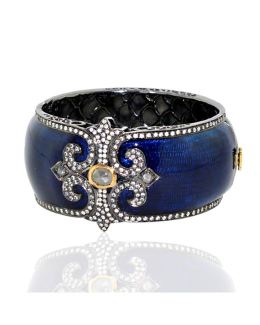 Artisan Blue 18k Gold & Silver With Pave Diamond Enamel Designer Wide Bangle