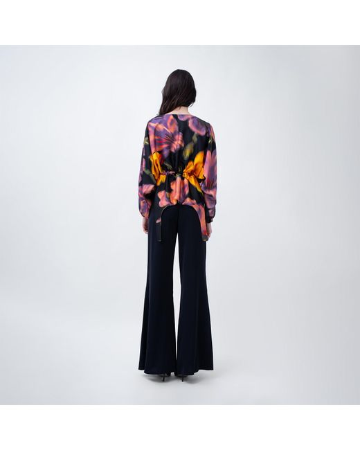 BLUZAT Blue Printed Blouse With Flared Sleeves And V-Neck