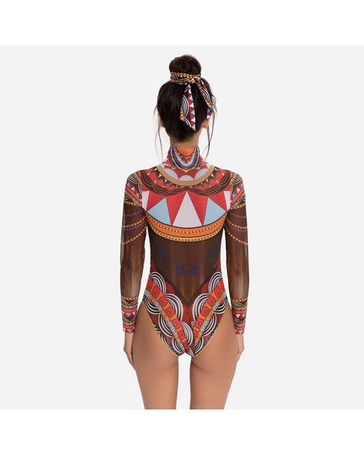 Rodasoleil Smart Swimwear Brown Tan-Through Mesh One-Piece Zipper Swimsuit With Sleeves Africa