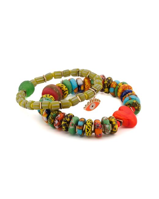 Ebru Jewelry Green Bohemian Style Heart & Evil Eye Happy Bracelet Set