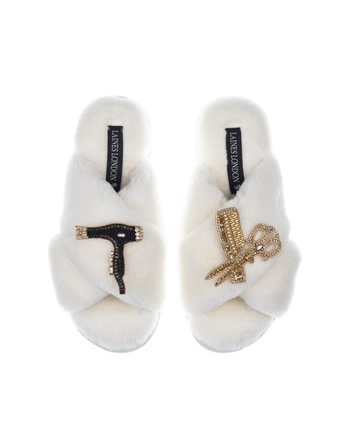 Laines London White Classic Laines Slippers With Hairdresser Brooches