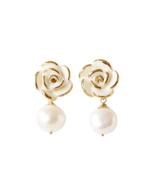 POPORCELAIN Metallic Golden White Cloud Rose Pearl Drop Earrings