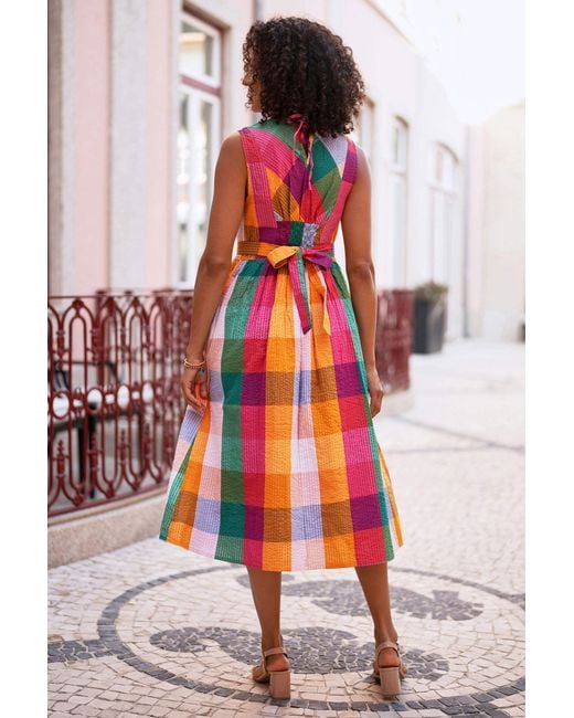 Yumi' Orange Multicolour Seersucker Cotton Midi Sun Dress