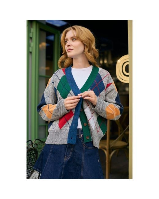 Saachi Blue Classic Colorful Argyle Cardigan