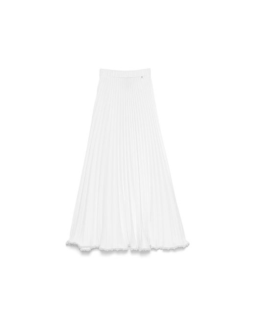 Nissa White Pearl-Trim Pleated Midi Skirt