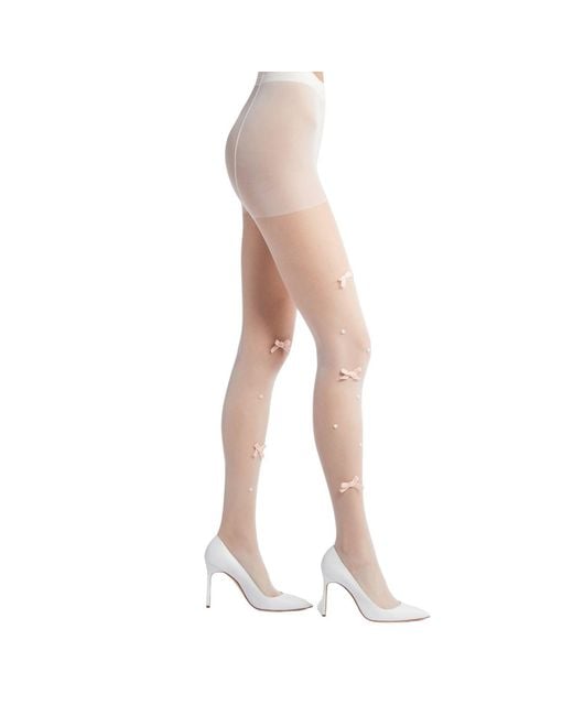 HIGH HEEL JUNGLE by KATHRYN EISMAN Natural Velvet Bow Pearl Tight -pink/ White