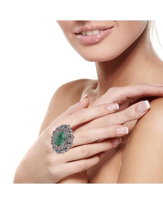 Artisan Green Emerald & Pear Spinel Pave Diamond Cocktail Ring In 18k Gold 925 Sterling Silver