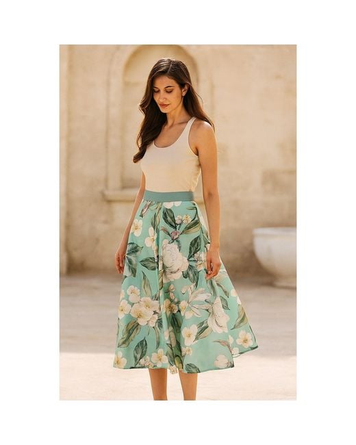 Richa Sharma Blue Aqua Floral Silk Midi Skirt
