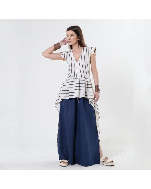 Metamorph Blue Asymmetric Linen Top On Stripes