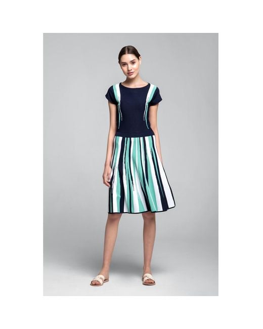 Rumour London Blue Iris Striped Knitted Fit And Flare Dress In Navy And Turquoise