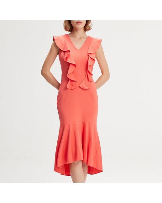 Smart and Joy Red Jersey Dress With Wide Ruffles