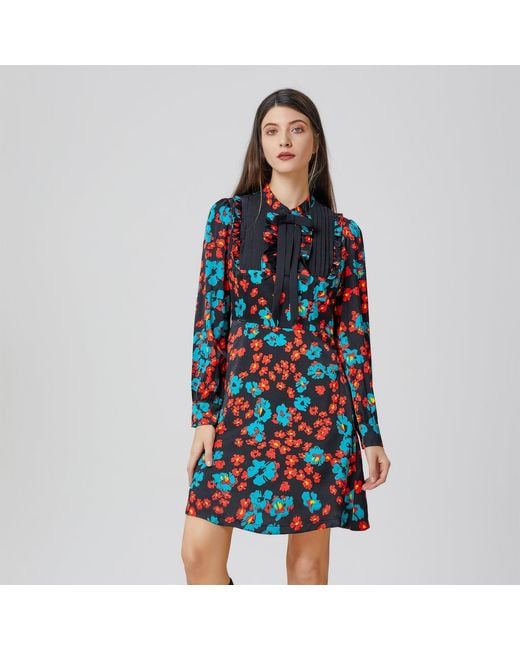 Smart and Joy Red Ascot-Tie Flower Print Mini Dress