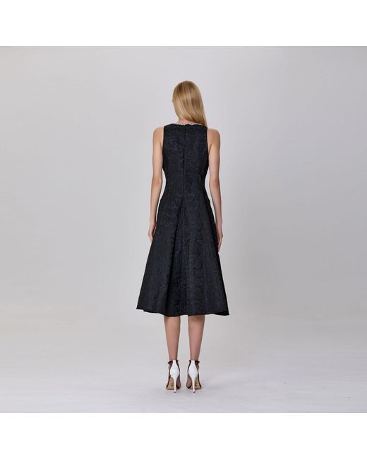 Smart and Joy Black Fit-And-Flare Collar Trim Textured Jacquard Dress