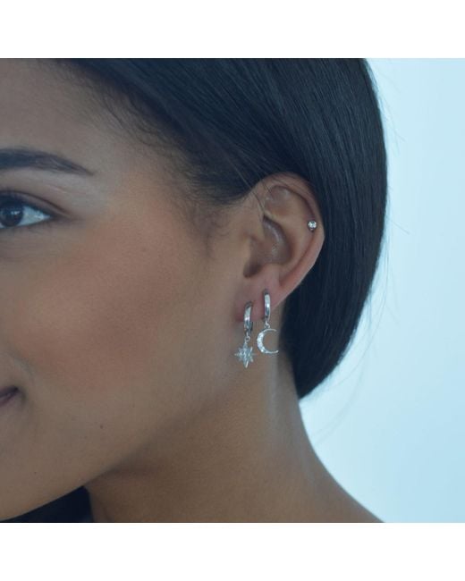 Seven Saints Metallic Moon And Star Huggie Hoop Earrings With Drop Charms, Rhodium Plated