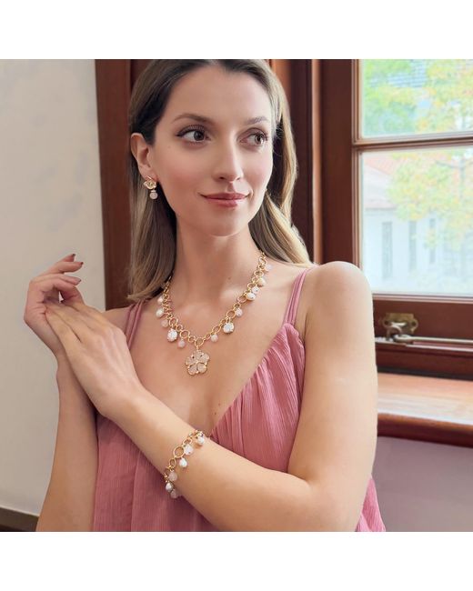 Farra Metallic Rose Quartz Flower Pendant With Pearls Chain Necklace