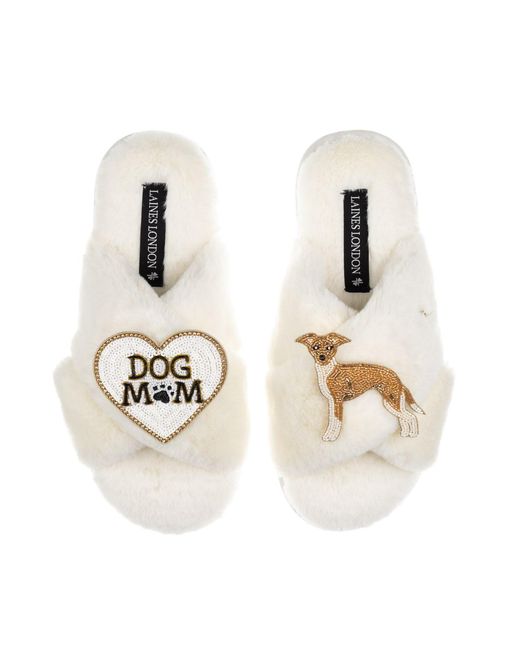 Laines London Metallic Neutrals Classic Slippers With Dog Mum/Mom & Fawn & Italian Greyhound Brooches