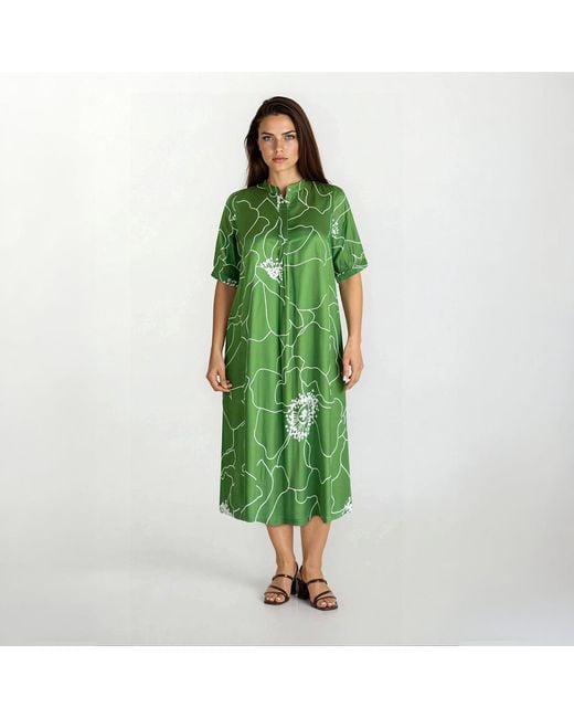 Haris Cotton Green Printed Satin Curve Dress With Mandarin Neck Peonies
