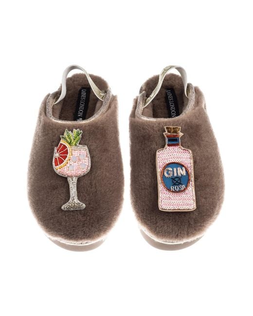 Laines London Brown Neutrals Flatform Cloud Closed Toe Slippers With Rosa & Grapefruit Gin Brooches