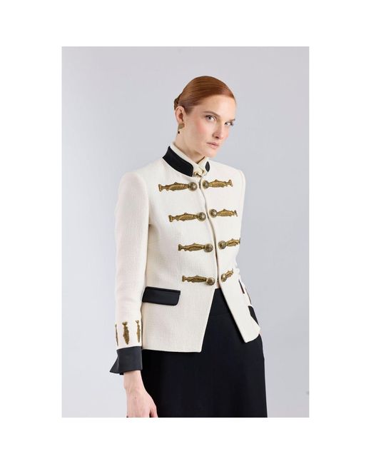 The Extreme Collection White Neutrals Ivory Military Tailored Blazer With Embroidery