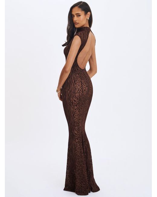 Miss Circle New York Gray Tyanna Mocha Burnout Velvet Mesh Backless Mermaid Maxi Dress