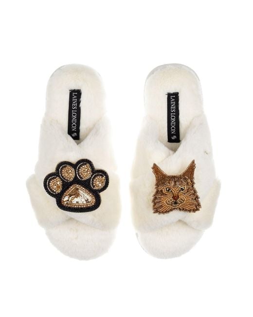Laines London Metallic Neutrals Classic Laines Slippers With Paw & Maine Coon Cat Brooches