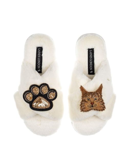 Laines London Metallic Neutrals Classic Laines Slippers With Paw & Maine Coon Cat Brooches