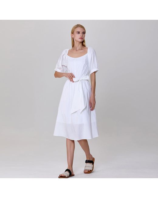Smart and Joy White Puffy Sleeves Fit-And-Flare Blouse-Dress