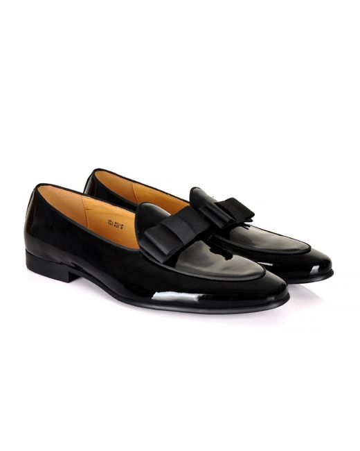 DAVID WEJ Black Bradford Patent Belgian Bowtie Loafers – for men