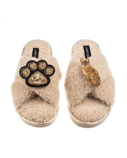 Laines London Natural Neutrals Boucle Slippers With Paw & Bengal Cat Brooches