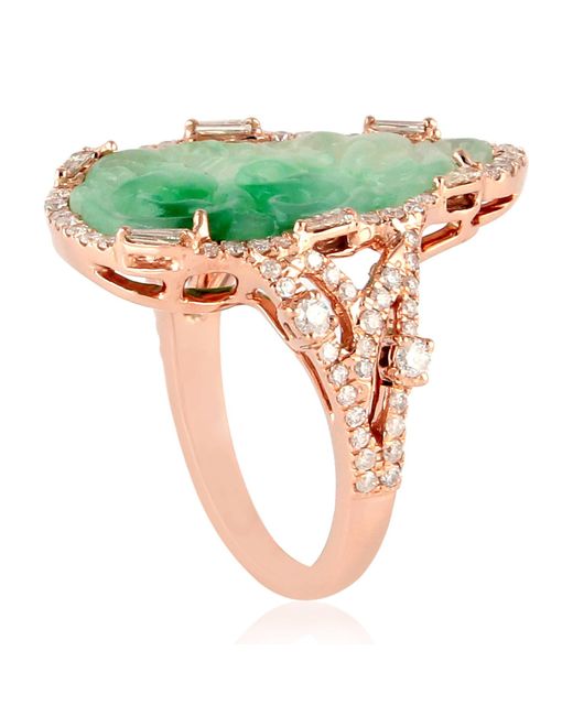 Artisan Green 18k Rose Gold Carved Jade Ring With Diamonds