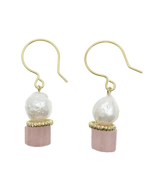 Farra White Freshwater Pearl With Rose Quartz Hoop Earrings