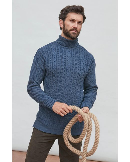 Paul James Knitwear Blue Midweight Cotton Aith Cable Roll Neck Gansey Jumper for men