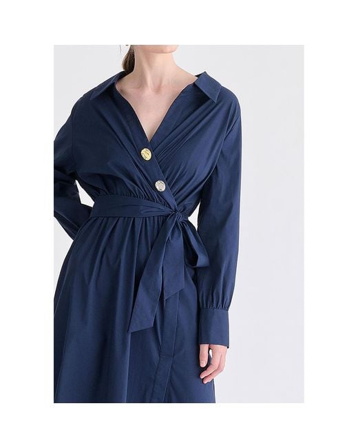 Paisie Blue Wrap Midi Shirt Dress With Metallic Button Details