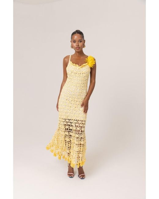 Andreeva Yellow Butter Chrysanthemum Midi Handmade Crochet Dress