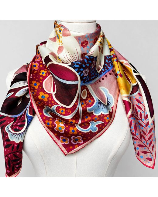 Wenzi Red Rhythms Of Bloom Hand Painted Pattern Double Sided Silk Twill Scarf