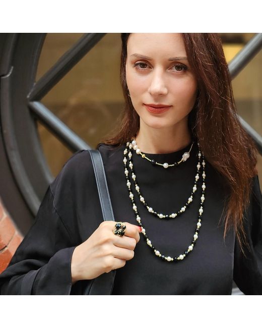 Farra Black Agate With Zircon Statement Adjustable Ring