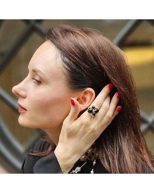 Farra Black Agate With Zircon Statement Adjustable Ring