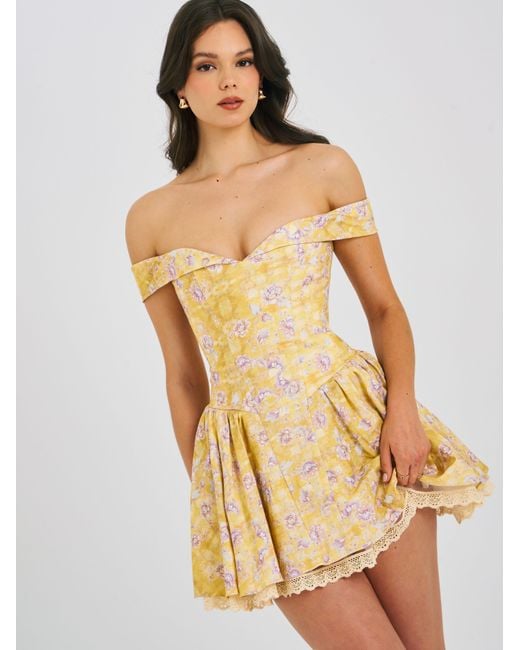 Miss Circle New York Yellow Oana Floral Print Linen Collared Off Shoulder Mini Dress