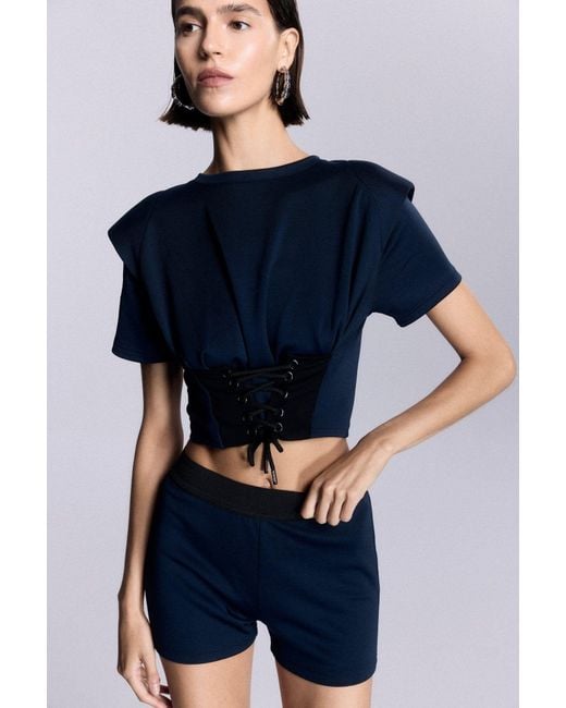 No'design Blue Elora Structured Shoulder Crop Top