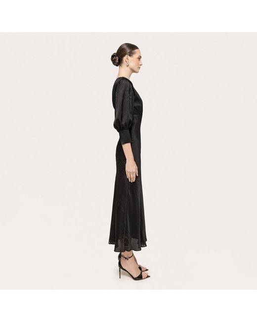 Nissa Black Puff-Sleeve Viscose Midi Dress