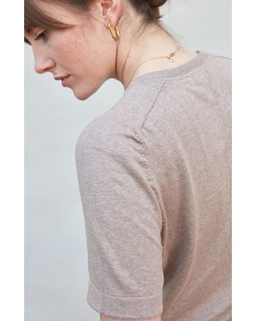 Paul James Knitwear Gray Neutrals Ultra Fine Cotton Cassie Saddle Shoulder Knitted T-Shirt