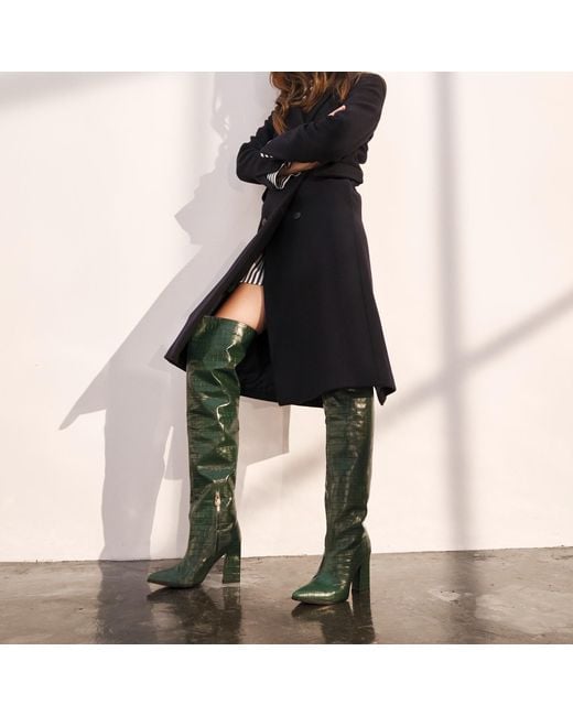 Rosamund Muir London Green Roma Crocodile Print Over Knee Boots