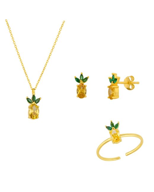 Spero London Metallic Pineapple Sterling Necklace Ring & Earring Set