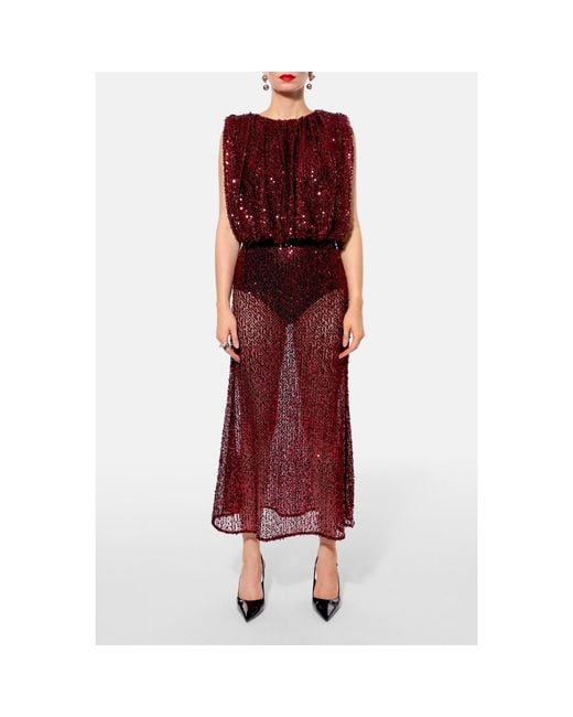 AGGI by HALEWSKI Brown Eliza Burgundy Sparkle Midi Sequin Slip Skirt